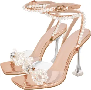 Yolkomo Women's Square Toe Clear Heels Sexy Rhinestone Bow Heels Open Toe Ankle Strap Stiletto High Heel Sandals