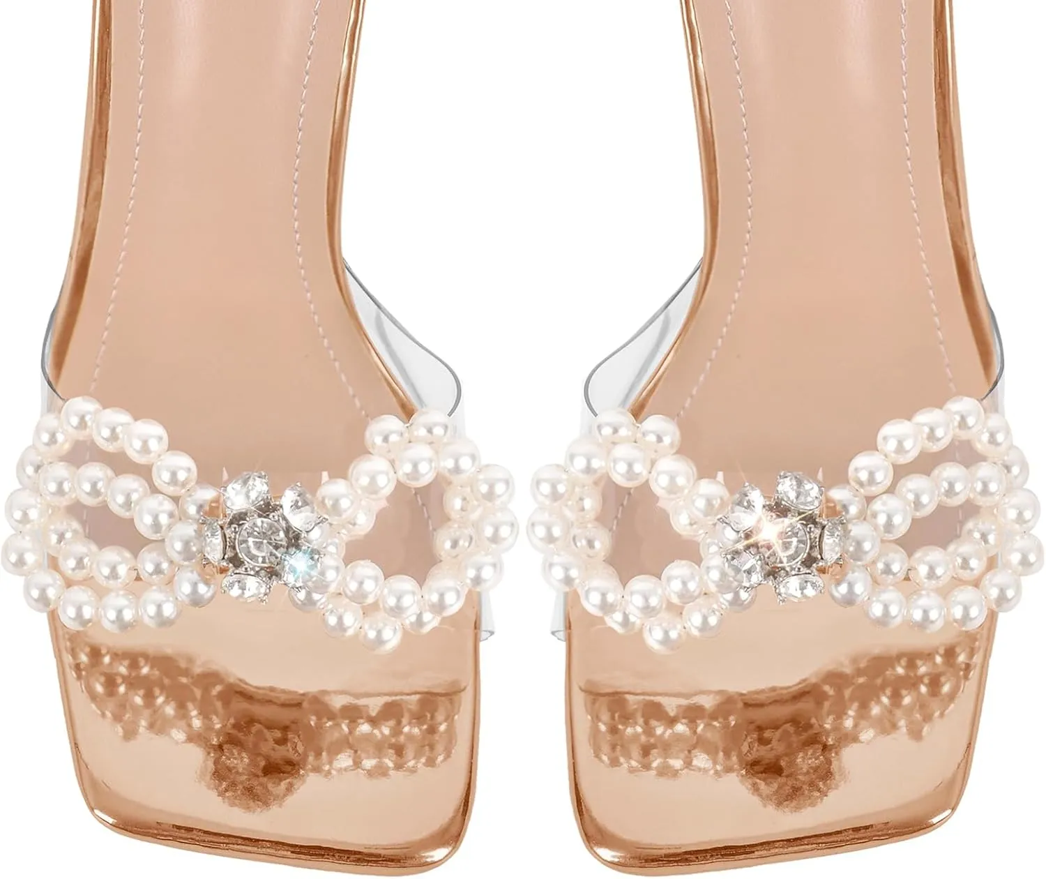 Yolkomo Women's Square Toe Clear Heels Sexy Rhinestone Bow Heels Open Toe Ankle Strap Stiletto High Heel Sandals