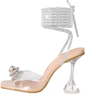 Yolkomo Women's Square Toe Clear Heels Sexy Rhinestone Bow Heels Open Toe Ankle Strap Stiletto High Heel Sandals