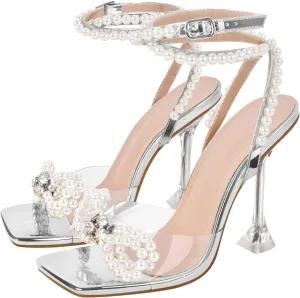 Yolkomo Women's Square Toe Clear Heels Sexy Rhinestone Bow Heels Open Toe Ankle Strap Stiletto High Heel Sandals