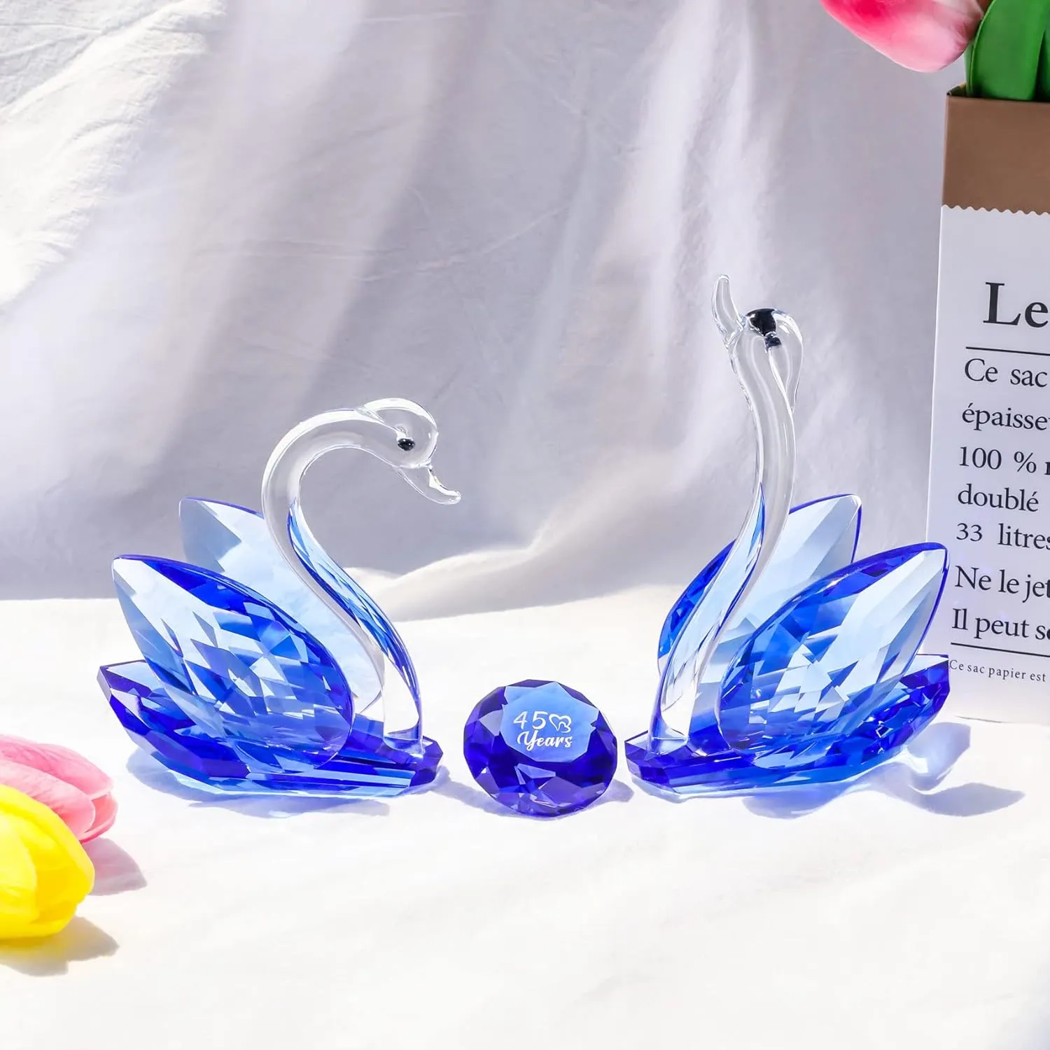 YWHL 45th Anniversary Crystal Swan Gifts for Parents, 45 Year Wedding Anniversary for Her, Swan Figurine with Blue Diamond, Valentines Day Present Romantic Gifts Birthday Gift for Couple Wife