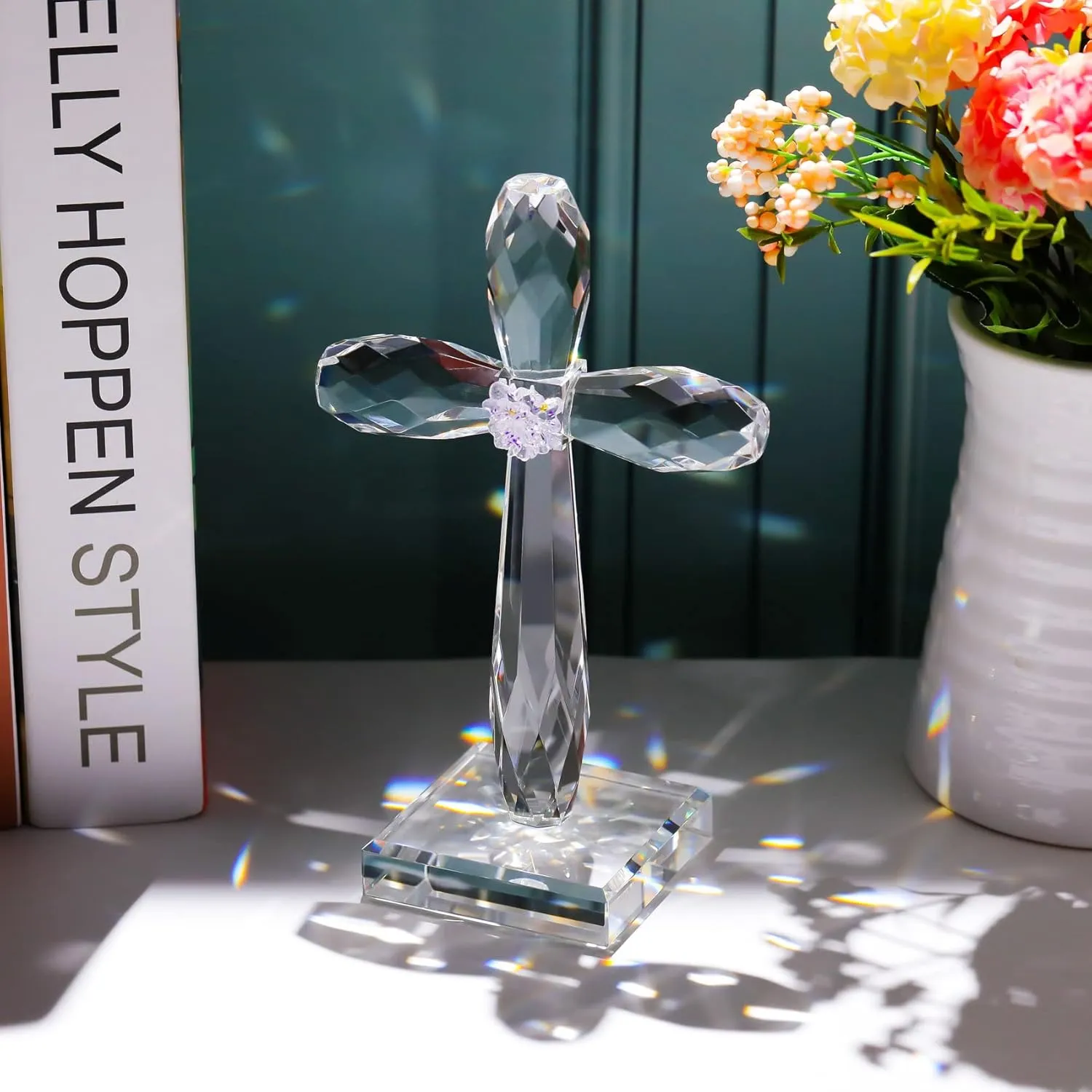 YWHL Crystal Standing Cross Decor, Handmade Glass Holy Cross Collectible Figurines for Home Decoration, Easter Decoration for Pary, Religious for Women Men