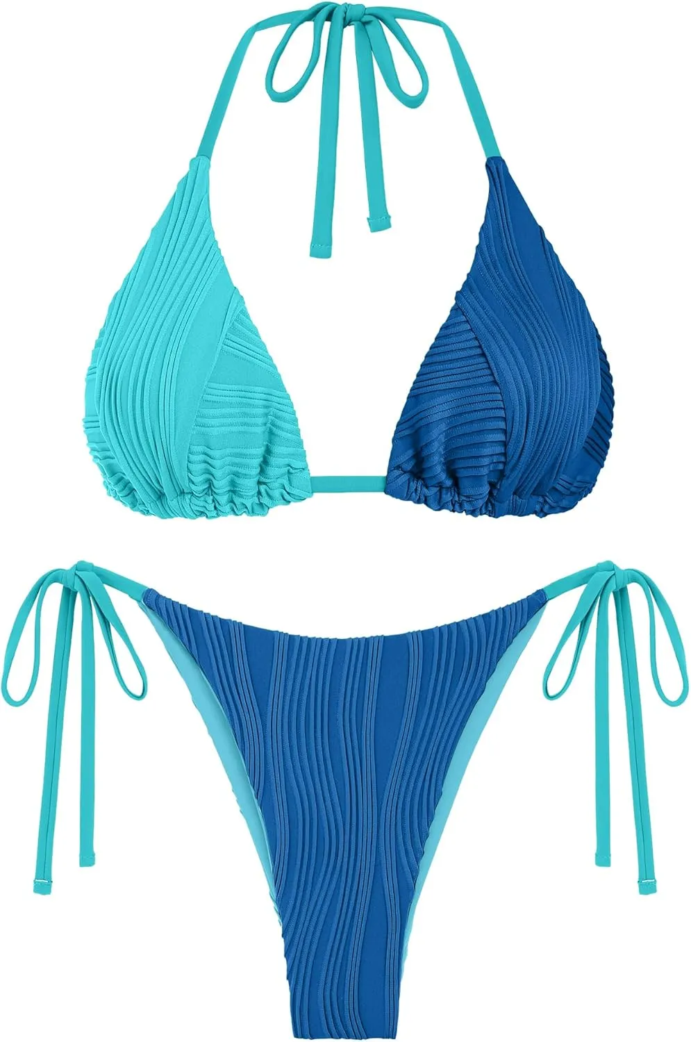 ZAFUL Bikini Sets for Women Halter Two Piece Swimsuit Ribbed High Cut Tie Side Thong Bathing Suit Sexy Padded Swimwear