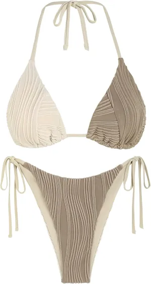 ZAFUL Bikini Sets for Women Halter Two Piece Swimsuit Ribbed High Cut Tie Side Thong Bathing Suit Sexy Padded Swimwear