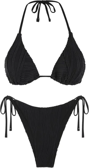ZAFUL Bikini Sets for Women Halter Two Piece Swimsuit Ribbed High Cut Tie Side Thong Bathing Suit Sexy Padded Swimwear