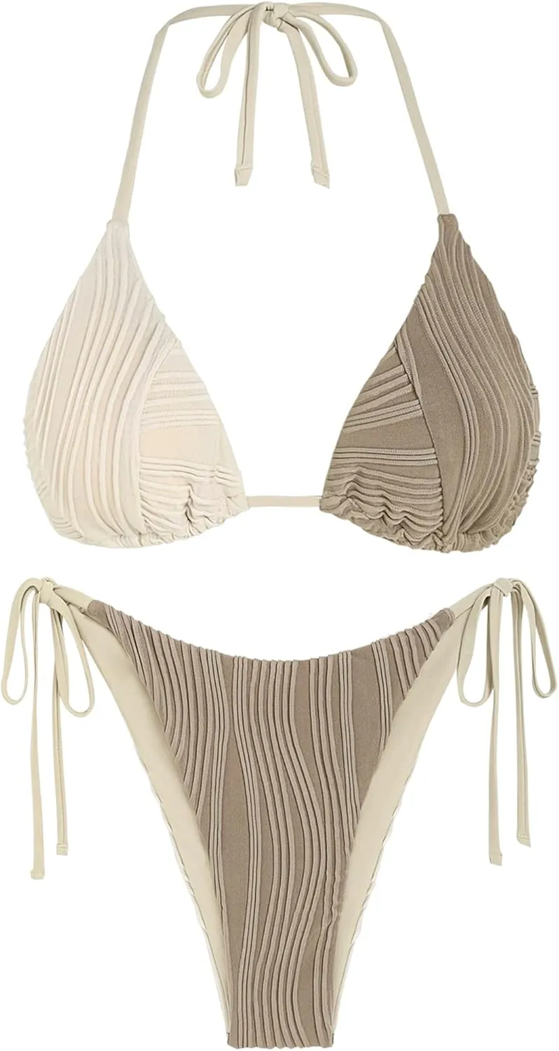 ZAFUL Bikini Sets for Women Halter Two Piece Swimsuit Ribbed High Cut Tie Side Thong Bathing Suit Sexy Padded Swimwear