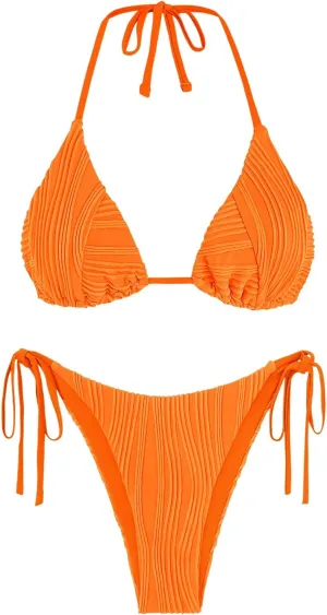 ZAFUL Bikini Sets for Women Halter Two Piece Swimsuit Ribbed High Cut Tie Side Thong Bathing Suit Sexy Padded Swimwear