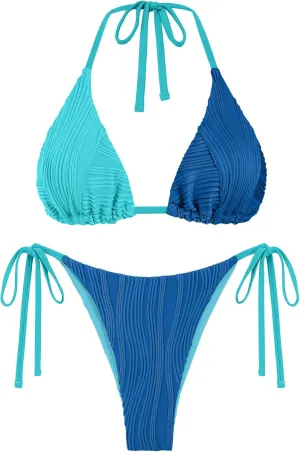 ZAFUL Bikini Sets for Women Halter Two Piece Swimsuit Ribbed High Cut Tie Side Thong Bathing Suit Sexy Padded Swimwear