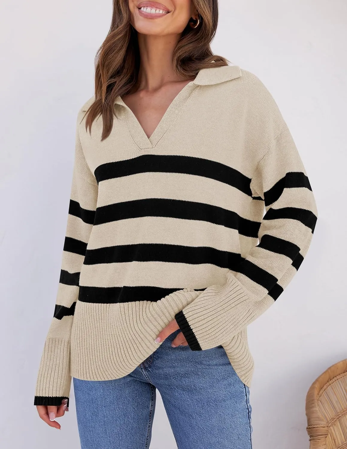 ZESICA Women's Winter Sweaters Lapel V Neck Long Sleeve Striped Chunky Knit Oversized Pullover Sweater Jumper Tops