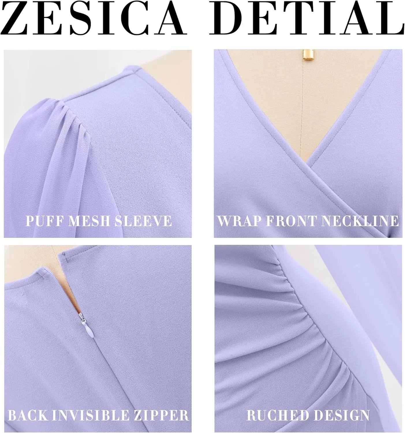 ZESICA Women's Wrap V Neck Bodycon Mini Dress Puff Long Sleeve Ruched Asymmetrical Hem Cocktail Party Short Dresses