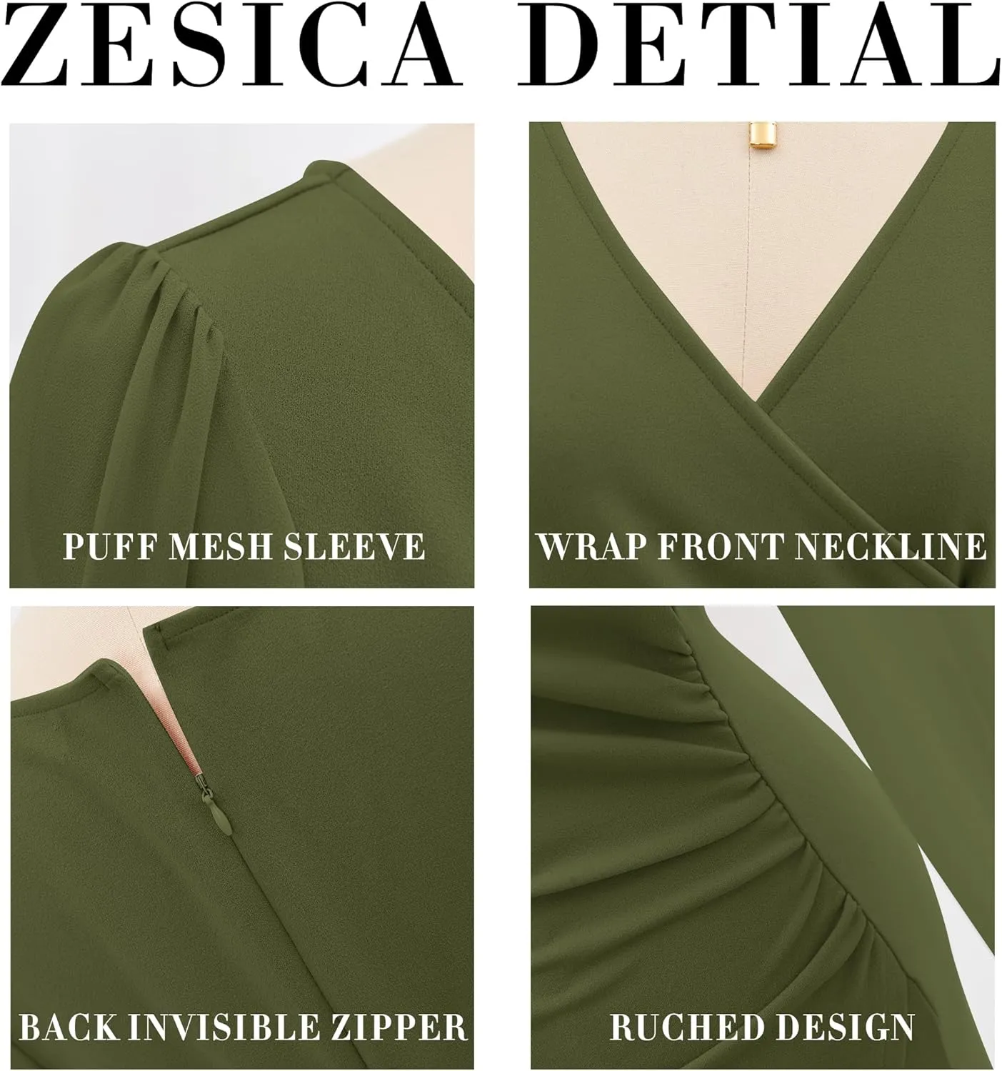 ZESICA Women's Wrap V Neck Bodycon Mini Dress Puff Long Sleeve Ruched Asymmetrical Hem Cocktail Party Short Dresses