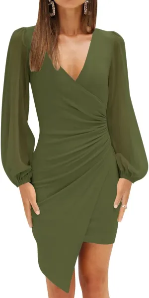 ZESICA Women's Wrap V Neck Bodycon Mini Dress Puff Long Sleeve Ruched Asymmetrical Hem Cocktail Party Short Dresses