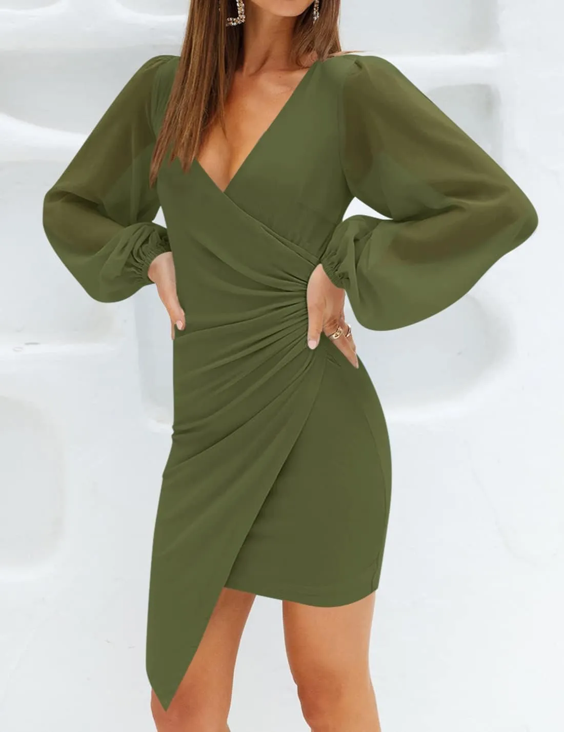 ZESICA Women's Wrap V Neck Bodycon Mini Dress Puff Long Sleeve Ruched Asymmetrical Hem Cocktail Party Short Dresses