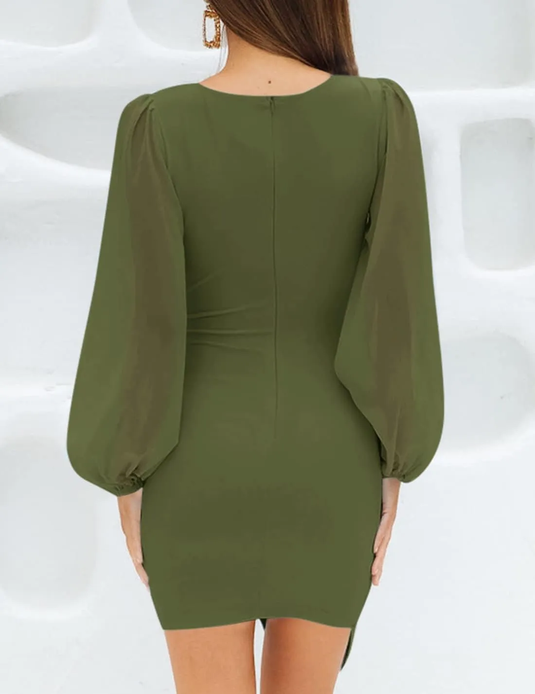ZESICA Women's Wrap V Neck Bodycon Mini Dress Puff Long Sleeve Ruched Asymmetrical Hem Cocktail Party Short Dresses