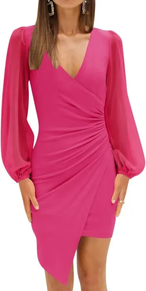 ZESICA Women's Wrap V Neck Bodycon Mini Dress Puff Long Sleeve Ruched Asymmetrical Hem Cocktail Party Short Dresses