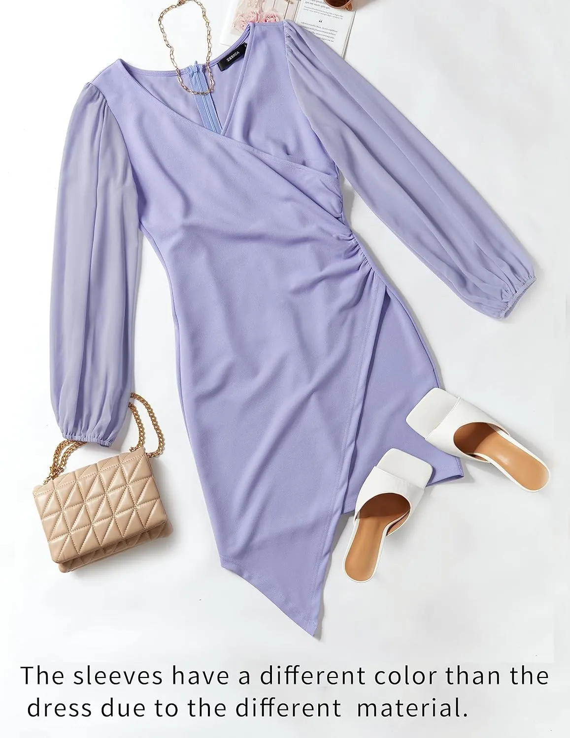 ZESICA Women's Wrap V Neck Bodycon Mini Dress Puff Long Sleeve Ruched Asymmetrical Hem Cocktail Party Short Dresses