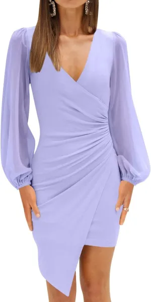 ZESICA Women's Wrap V Neck Bodycon Mini Dress Puff Long Sleeve Ruched Asymmetrical Hem Cocktail Party Short Dresses
