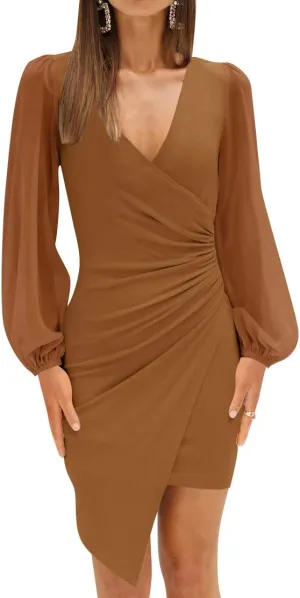 ZESICA Women's Wrap V Neck Bodycon Mini Dress Puff Long Sleeve Ruched Asymmetrical Hem Cocktail Party Short Dresses