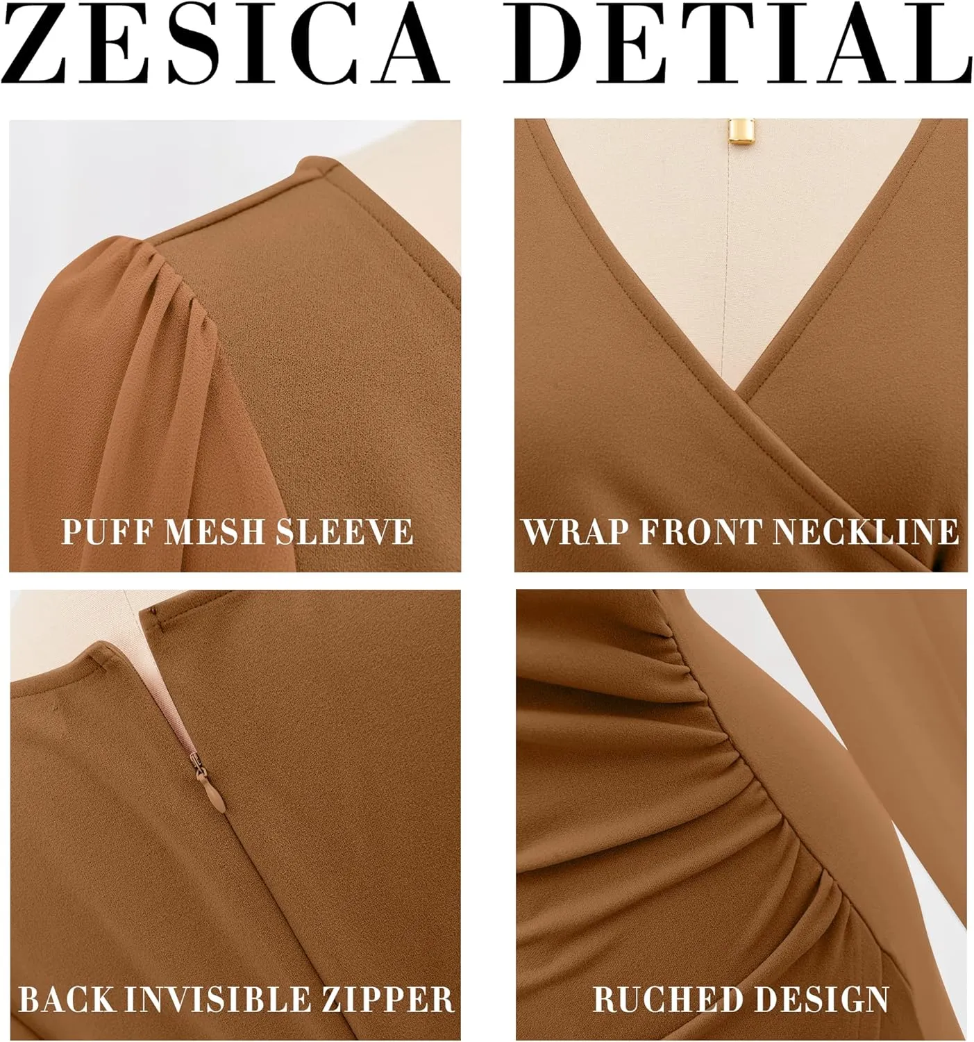 ZESICA Women's Wrap V Neck Bodycon Mini Dress Puff Long Sleeve Ruched Asymmetrical Hem Cocktail Party Short Dresses