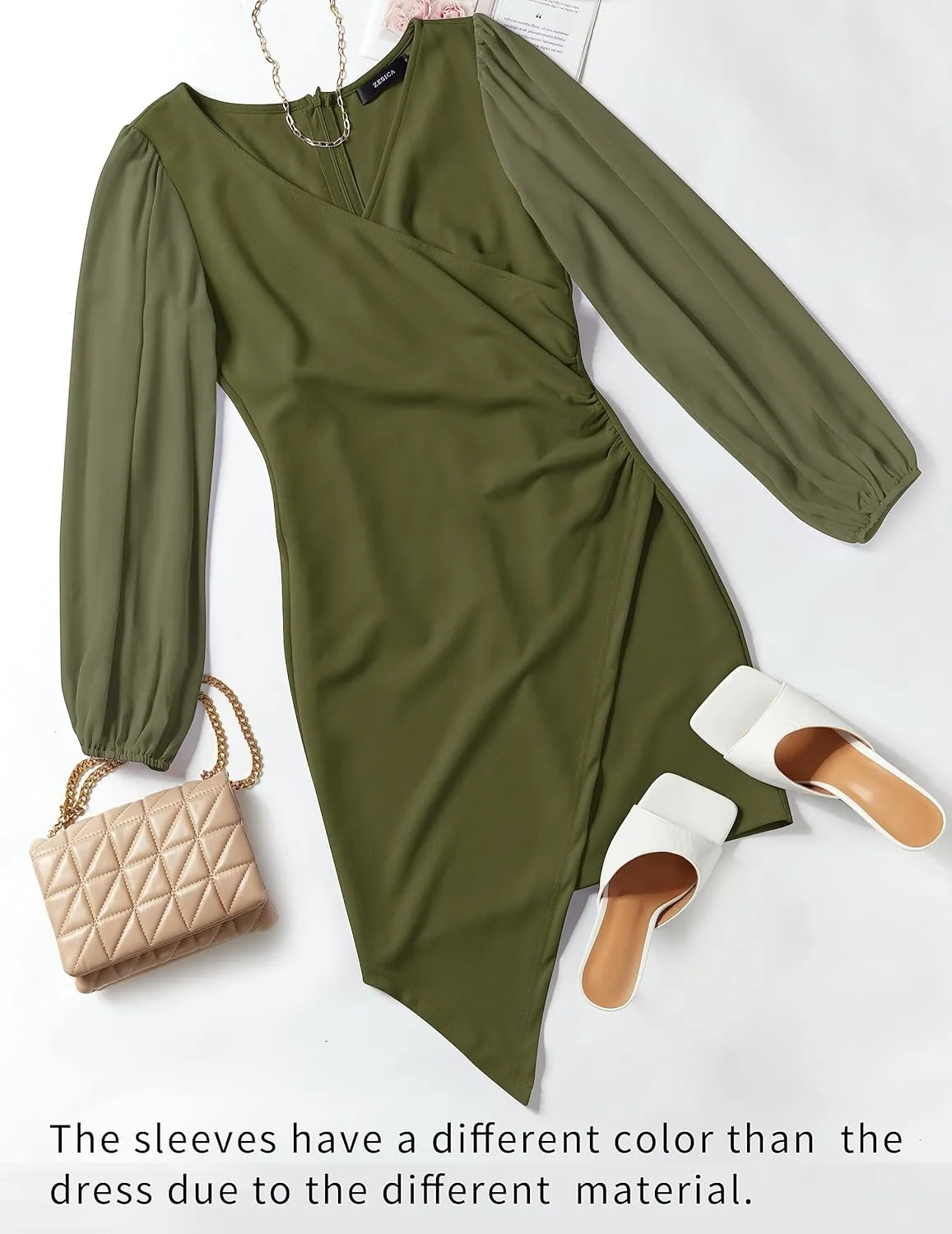 ZESICA Women's Wrap V Neck Bodycon Mini Dress Puff Long Sleeve Ruched Asymmetrical Hem Cocktail Party Short Dresses