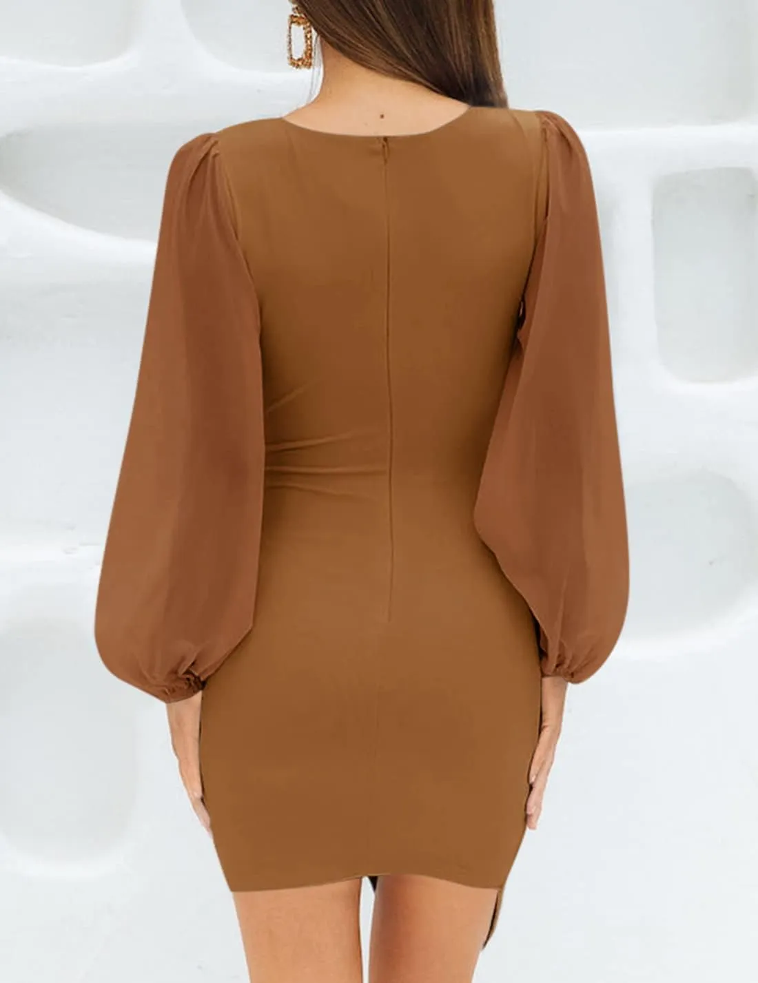 ZESICA Women's Wrap V Neck Bodycon Mini Dress Puff Long Sleeve Ruched Asymmetrical Hem Cocktail Party Short Dresses