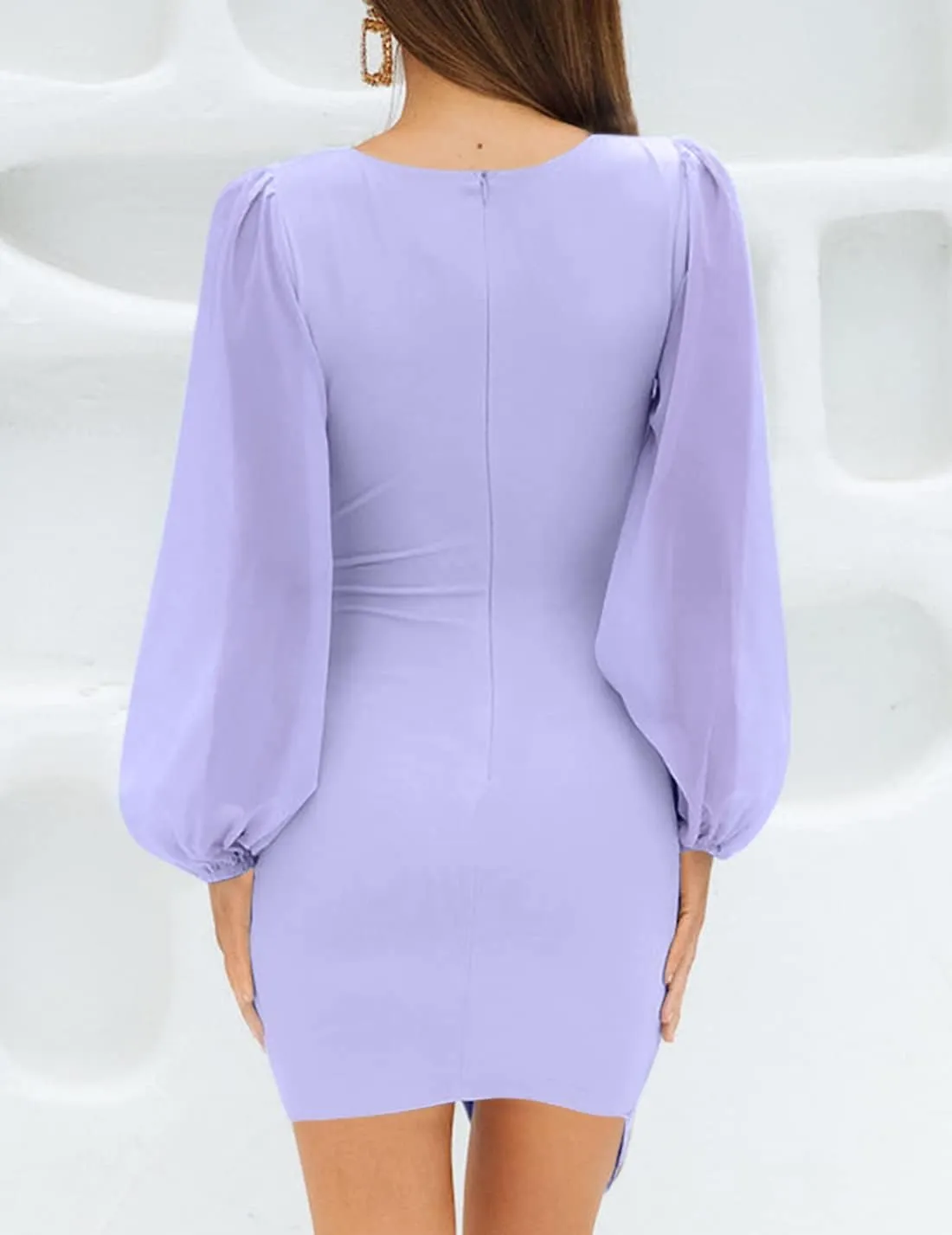 ZESICA Women's Wrap V Neck Bodycon Mini Dress Puff Long Sleeve Ruched Asymmetrical Hem Cocktail Party Short Dresses