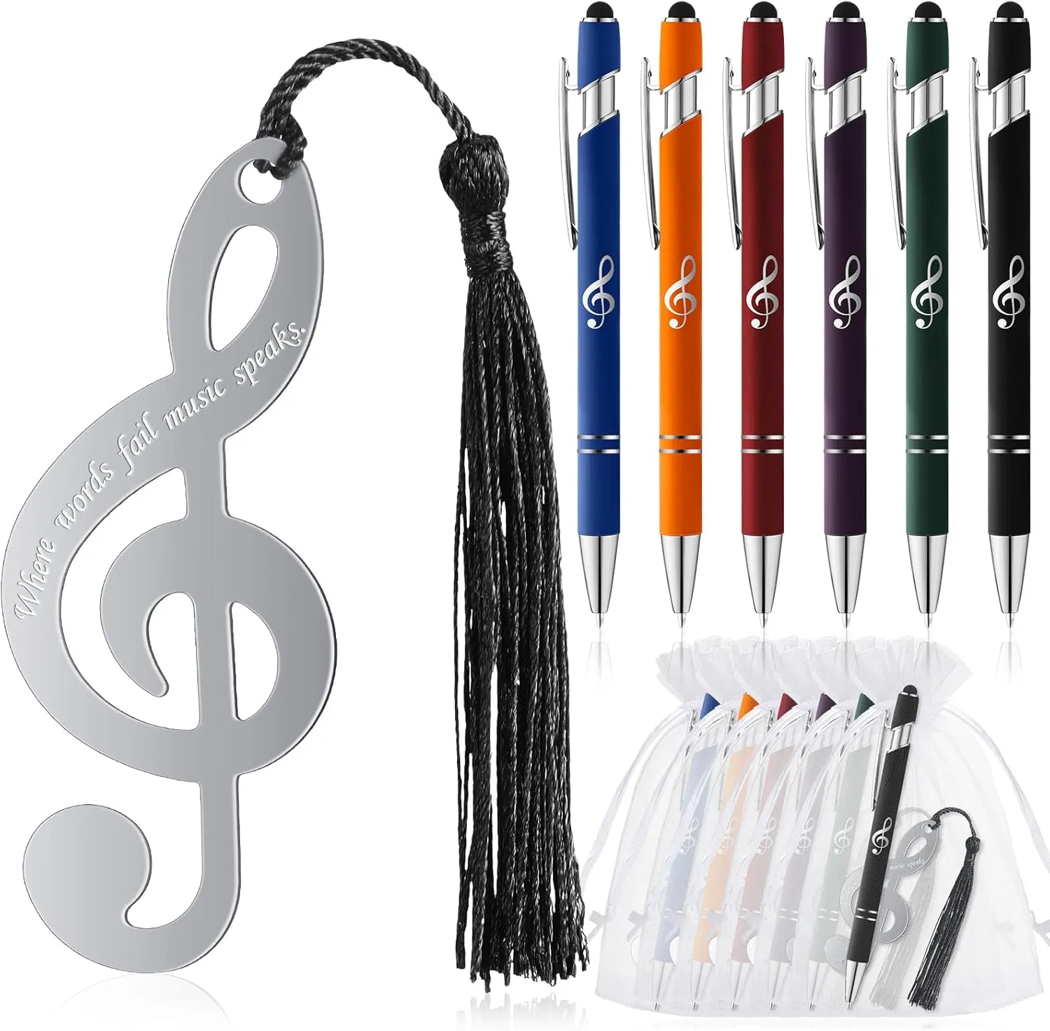 Zhanmai 24 Sets Music Gifts for Teacher Metal Music Bookmark Choir Day Graduation Gifts Note Ballpoint Pen with Stylus Tip Organza Bag for Party Favors Lover Musician