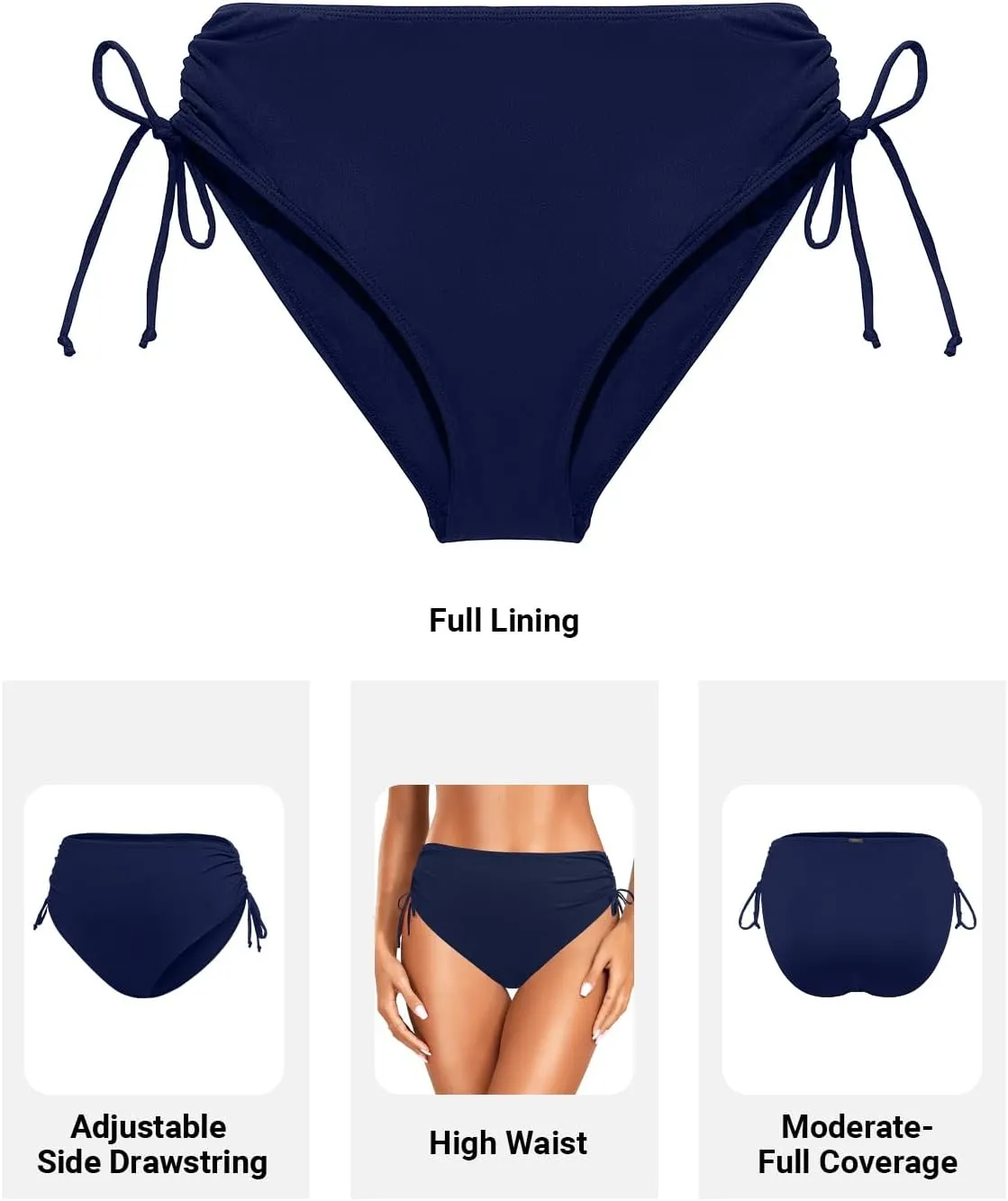 Zmart Womens High Waist Bikini Bottoms - Tie Side Full Coverage Bathing Suit Bottom String Swimsuit